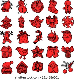 Collection of Christmas Design Elements. Vector Illustration Christmas hand drawn doodle seamless pattern. Santa, tree, reindeer, snowman, snowflakes, gifts, decorations, holly, candle, and stars.
