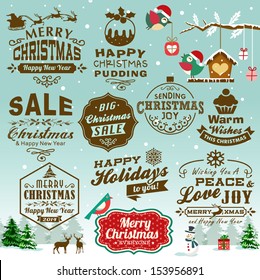 Collection of Christmas design elements with vintage labels, icons and typography design