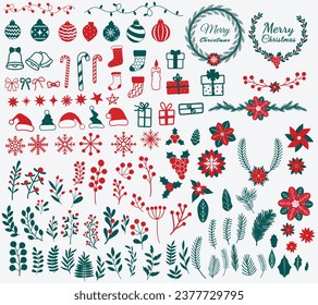 Collection of Christmas design elements,Set of hand drawn christmas flower wreath collection,  Winter holiday vector illustration set