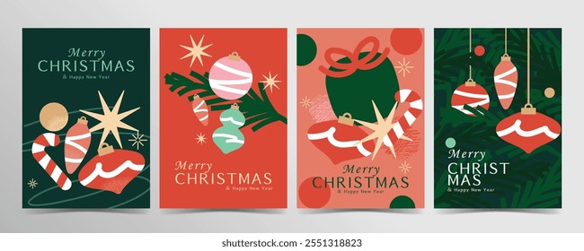 Collection of Christmas designs with vibrant colors, featuring candy canes, ornaments, stars, and gift motifs. Ideal for holiday greetings, seasonal decor, and modern Christmas themed promotions.