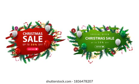 Collection of Christmas discounts web banner with abstract ragged shapes decorated with Christmas tree branches, candy and garland. Discount banners isolated on white