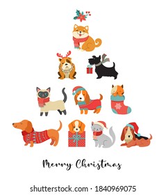 Collection of Christmas dogs and cats, Merry Christmas illustrations of cute pets with accessories like a knitted hats, sweaters, scarfs, vector graphic elements