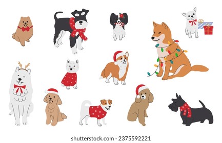 Collection of christmas dogs in hand drawn style. Merry Christmas illustrations of cute pets with accessories