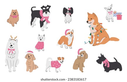 Collection of christmas dogs in hand drawn style. Collection of dog characters, flat illustration for design, decor, print, stickers, posters. Merry Christmas illustrations