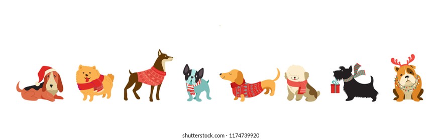 Collection of Christmas dogs, Merry Christmas illustrations of cute pets with accessories like a knited hats, sweaters, scarfs, vector graphic elements