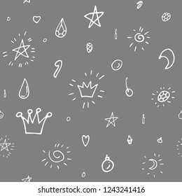 Collection of Christmas doodle elements on gray backdrop. Seamless pattern. Endless texture. Can be used for printed materials.  Winter holiday background. Hand drawn design elements. Festive card.