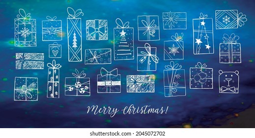 Collection of christmas doodle gift boxes on  night sky background.