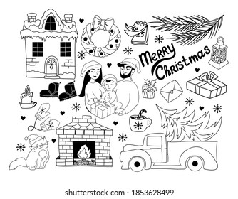 

Collection of Christmas doodles, Seth family for Christmas, winter holidays hand-drawn, fireplace, cat, house in the snow, Christmas tree in the truck, candle, boots, gloves, vintage lamp, vector.