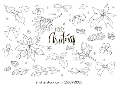 Collection of christmas doodles. Vector set. Can be used for printed materials, prints, posters, cards, logo, coloring book. Holiday background. Hand drawn decorative elements. Holly, poinsettia, bow.