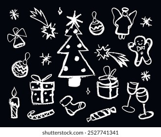 Collection of Christmas drawings. White drawing on black background. Freehand christmas vector drawings. Chalk drawing on a blackboard. Christmas card sketch.