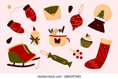 Collection of Christmas element in flat style. New year stocking, glove, fir-tree in snowy ball, mug. Traditional celebration accessories, concept winter xmas holidays. Isolated vector illustration