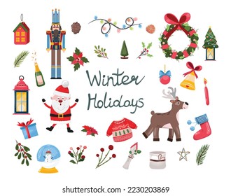 Collection of Christmas elements. Abstract design elements for winter holidays. Christmas decorative elements for any design projects. For cards, invitation, advertisements, posters.