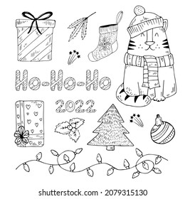 Collection of Christmas elements. Black and white hand-drawn icons on the New Year theme. the year of the tiger 2022