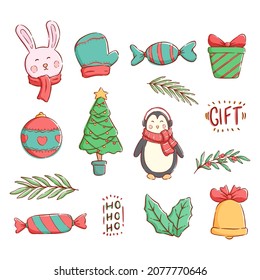 collection christmas elements and character with colorful doodle style