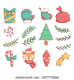 collection of christmas elements with colorful hand drawing style
