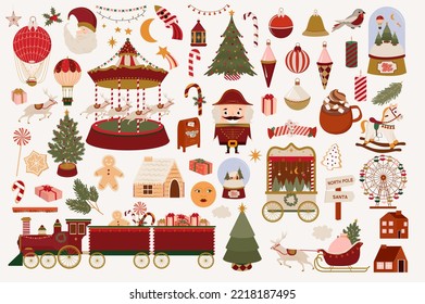 Collection of Christmas elements: fairs, carnival, christmas tree, toys, train, nutcracker, gingerbread cookies. Perfect for create cards, posters, print for product. Editable vector illustration.