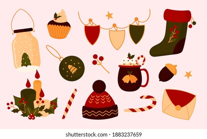 Collection of Christmas elements in flat style. New year Santa boot, hat, fir-tree in jar, flag, cup. Traditional celebration accessories, concept winter xmas holidays. Isolated vector illustration