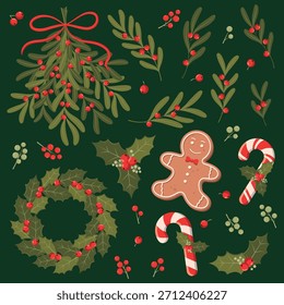 Colección de Elementos de Navidades con corona de bayas de acebo, caña de caramelo, ramas de muérdago con bayas rojas y galleta de hombre de jengibre. Ilustraciones vectoriales planas aisladas sobre un fondo verde.