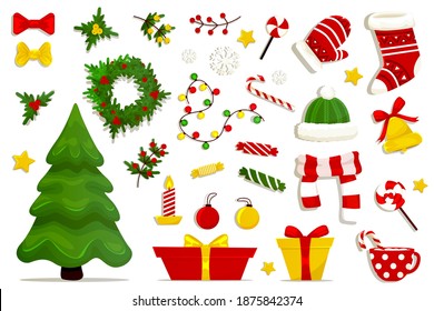 Collection of Christmas elements isolated on green background. Deer, Christmas trees, gift boxes, candles, mistletoe, wreath, bigfoot, gingerbread, candy, pine cones, calendar. Vector illustration
