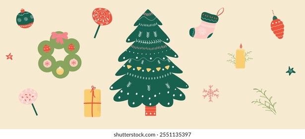 Collection of Christmas elements: Perfect for create cards, posters, print for product. vector illustration.