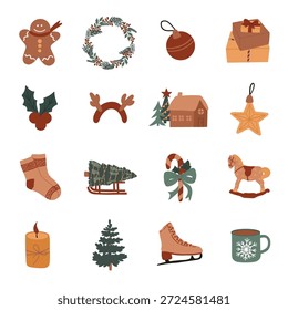 Sammlung von Weihnachtselementen. Retro-Baum, festliche Ornamente, Baum, Mistel, Geschenk, Weihnachts-Dekor-Elemente für Design. Handgezeichnete Vektorgrafik