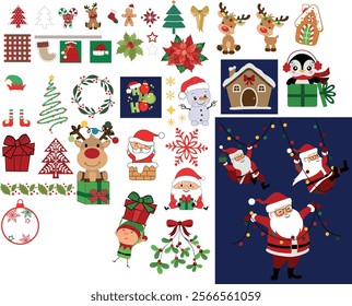 Collection of christmas elements. Santa Claus, reindeer, penguin, elf elements.