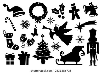 Collection of Christmas elements silhouette on white background. Vector