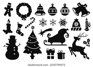 Collection of Christmas elements silhouette on white background. Vector