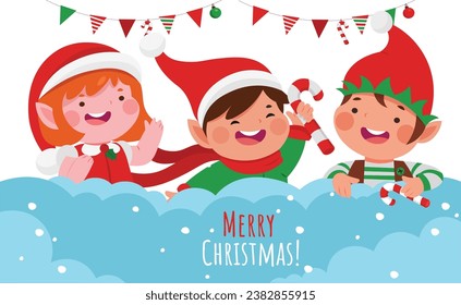 Collection of Christmas elf character. Vector illustration isolated on white background. Set of little kids in elf costumes.