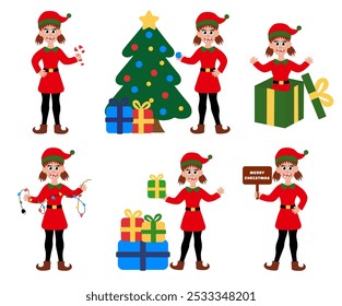 Collection of Christmas elf girl isolated on white background. Set of little Santa's helper with holiday gifts and decorations. Adorable cartoon characters. Flat vector illustration.