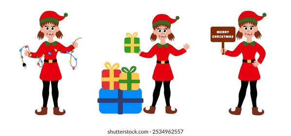 Collection of Christmas elf girl isolated on white background. Set of little Santa's helper with holiday gifts, garland, Merry Christmas sign. Adorable cartoon characters. Flat vector illustration.