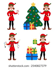 Collection of Christmas elf girl isolated on white background. Set of little Santa's helper with holiday gifts and decorations. Flat vector illustration.