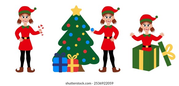 Collection of Christmas elf girl. Set of little Santa's helper with holiday gifts and decorations. Adorable cartoon characters. Flat vector illustration.