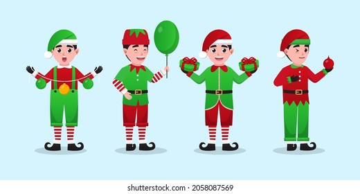 Collection of Christmas elves. funny and joyful santa helper sending holiday gift. Good for card, banner, flayer, leaflet, poster. vector illustration.