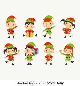 Collection of Christmas Elves isolate. Little santa helper. Young lovely cute kids in Christmas Elf costume. 