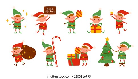 Коллекция рождественских эльфов, изолированных на белом фоне. Набор помощников маленького Санты с праздничными подарками и украшениями. Набор очаровательных персонажей мультфильма. Плоская векторная иллюстрация.