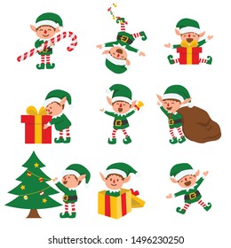 Collection of Christmas elves isolated on white background. funny and joyful santa helper sending holiday gift and decoration christmas tree . vector illustration.