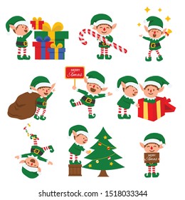 Collection of Christmas elves isolated on white background. funny and joyful santa helper sending holiday gift and decoration christmas tree .vector illustration.