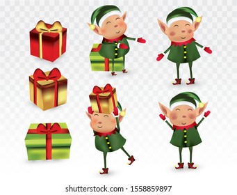 Collection of Christmas elves isolated on transparens background. Little elves. Santa's helpers. Elves with gift presents. Icon set. Beautiful illustration.