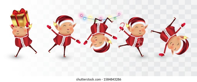 Collection of Christmas elves isolated on transparent background. Little elves. Santa s helpers. Many elves with gift presents. Icon set. Vector illustration. Boy elves with red costume