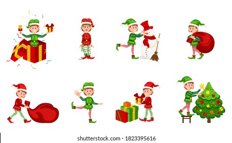 Collection of Christmas elves isolated on white background. Christmas elf in different positions. Santa Claus helpers cartoon, cute dwarf elves fun characters, santas helper