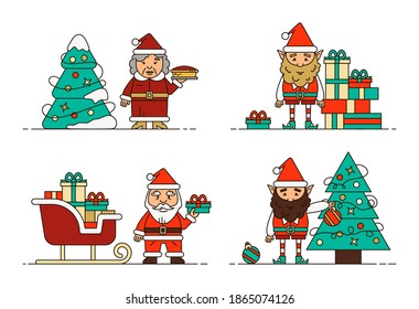 Collection of Christmas elves isolated on white background.  Set of adorable characters, Santa, elves, granny with cake, holiday decorations and gifts.  Good for greeting card, banner, flyer, poster.