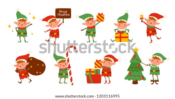 Collection of Christmas elves isolated on\
white background. Bundle of little Santa\'s helpers holding holiday\
gifts and decorations. Set of adorable cartoon characters. Flat\
vector\
illustration.