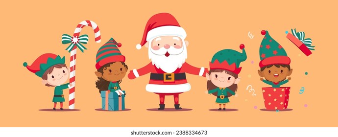 Collection of Christmas elves and Santa Claus isolated. Bundle of little Santa's helpers holding holiday gifts and decorations. Set of adorable cartoon characters. Flat vector illustration.