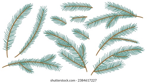 Collection Christmas Fir Tree Branch. New year green sketch branches set. Firtree or pine. Xmas spruce decoration hand drawn graphic elements. Cartoon drawing doodle vector illustration.