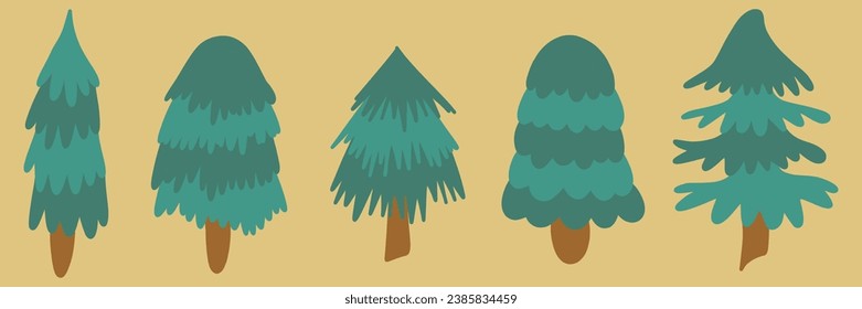 Collection Christmas Fir Tree. New year green sketch cute set. Firtree or pine. Xmas cozy spruce decoration hand drawn graphic elements. Cartoon drawing doodle vector illustration.