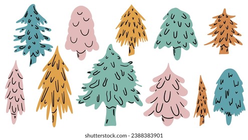 Collection Christmas Fir Tree. New year color season sketch cute set. Firtree or pine. Xmas cozy spruce decoration hand drawn graphic elements. Cartoon drawing doodle vector illustration.