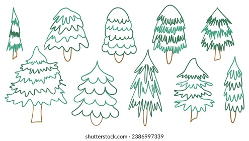 Collection Christmas Fir Tree Outline. New year green sketch cute set. Firtree or pine. Xmas spruce decoration hand drawn graphic elements. Cartoon drawing doodle vector illustration.