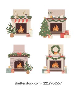 Collection of Christmas fireplace with decoration, tree and gifts. Home holiday decor flat vector illustrations. Happy New year. Pine branch, candles, wreath.