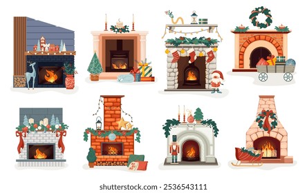 Collection of christmas fireplaces flat cartoon vector illustrations. Home fire places with socks, gifts, candles, firs. Warm cozy hearths with twinkling lights and decoration exudes holiday cheer